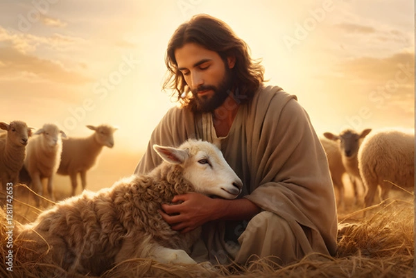 Fototapeta A man is holding a sheep in his arms