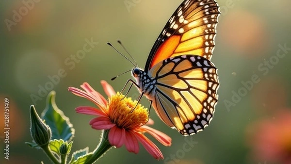 Fototapeta Monarch butterfly on vibrant flower with sunlit wings in natural setting