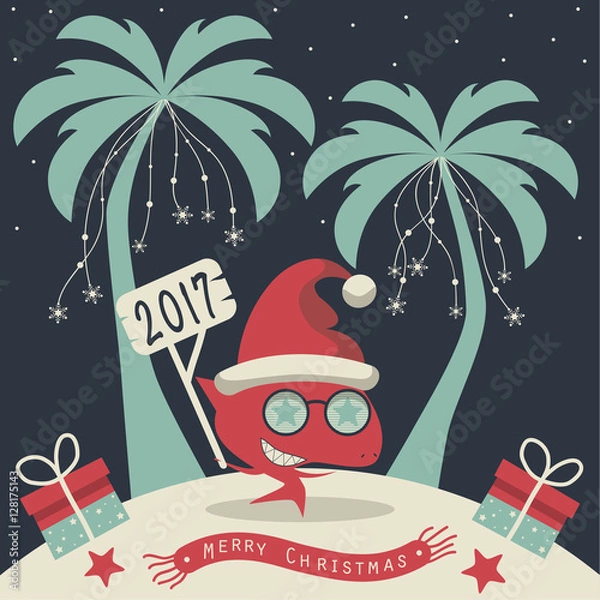 Fototapeta The cover design. Christmas on the island. Depicts two palm trees, a shark in Santa Claus hat, garlands of snowflakes, presents on the sand , starfish and scarf with the words merry christmas.