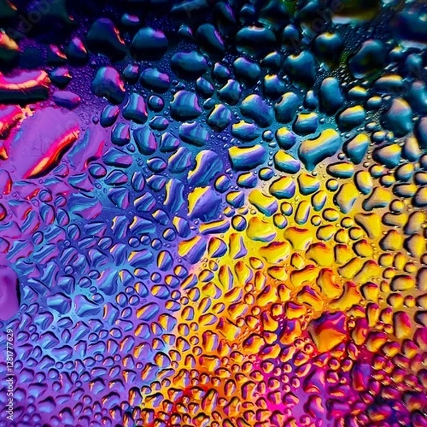 Fototapeta Close-up of water drops on metal surface in high resolution showing condensation of water droplets on metal surface. Intricate patterns and different sized water droplets create a beautiful abstract