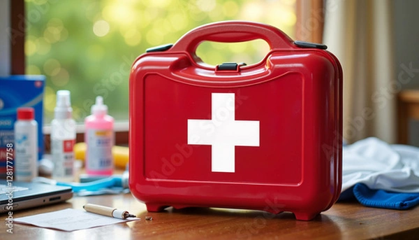 Obraz A bright red first aid kit on a table with essential medical supplies. This image symbolizes readiness for emergencies and promotes the importance of first aid knowledge on World Health Day.