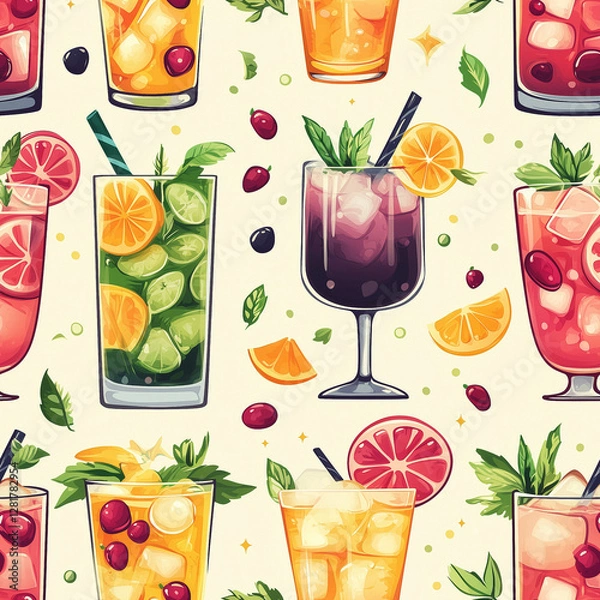Obraz Summer cocktail and fruits seamless pattern illustration