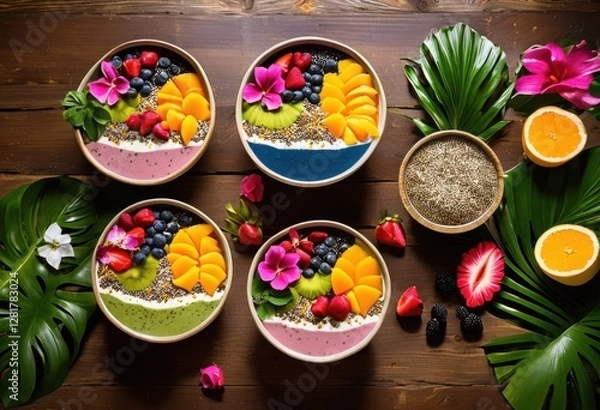 Obraz vibrant colorful smoothie bowls decorated fresh toppings fruity delights visually stunning presentation, acai, banana, berry, blueberries, chia, coconut