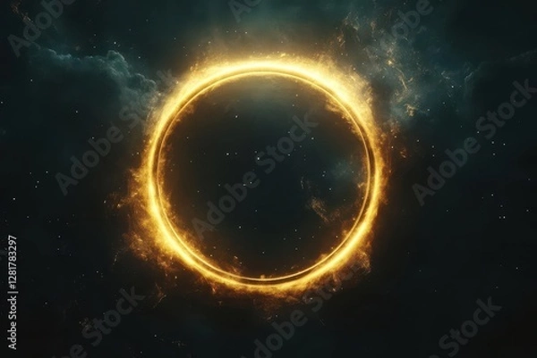 Fototapeta ethereal luminous golden ring floating in infinite darkness perfect circular light with subtle lens flares and particle effects minimalist cosmic art