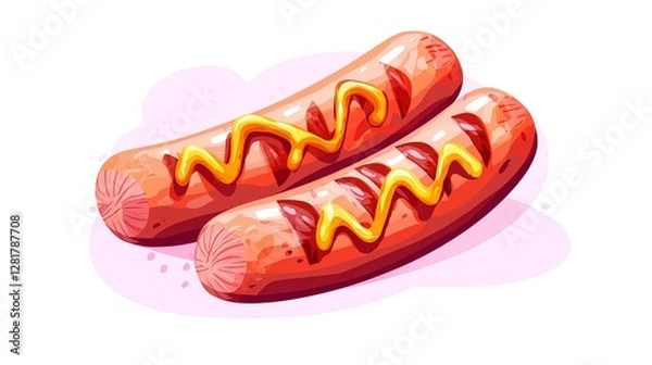 Fototapeta Colorful Illustration of Two Hot Dogs with Mustard and Ketchup Drizzles
