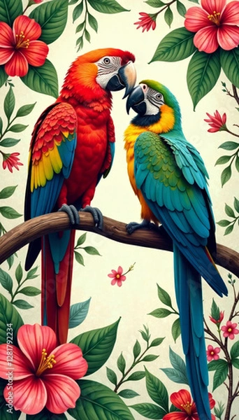 Fototapeta Vibrant parrots amidst tropical flowers in intricate Toile de Jouy pattern, parrots, floral motifs, greenery