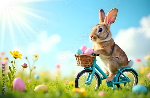 Fototapeta Easter bunny on a bicycle with eggs in a basket, concept spring and happy Easter