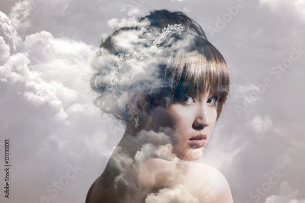 Obraz Double exposure of gorgeous bride portrait and cloudscape