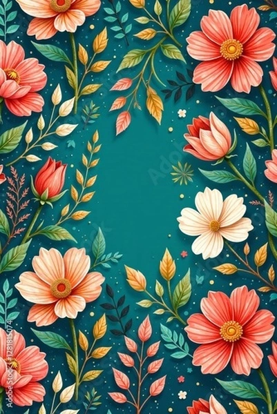 Fototapeta Whimsical, hand-painted-inspired Toile de Jouy pattern featuring fantastical, oversized botanicals and lush foliage , colorful, abstract, art