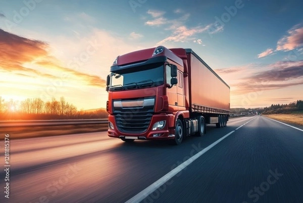 Fototapeta Truck driving along an open highway at sunset surrounded by trees and a colorful sky. Generative AI