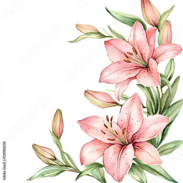 Fototapeta Oriental Lily Corner frame of watercolor, with minimal details and a simple illustration. Floristic design elements for floristics, Greeting card, Floral print, Plant painted background, Watercolour.