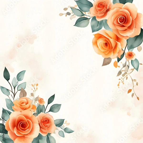 Fototapeta orange roses Corner frame of watercolor, with minimal details and a simple illustration. Floristic design elements for floristics, Greeting card, Floral print, Plant painted background, Watercolour.