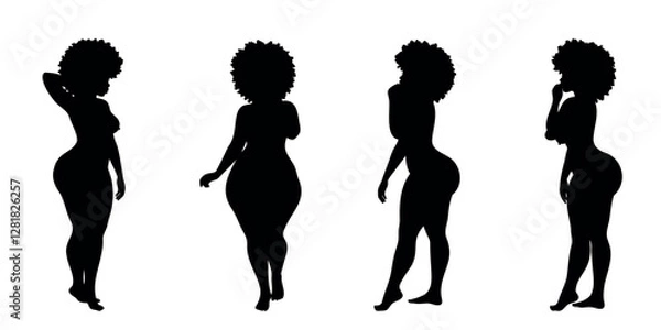 Fototapeta Black silhouette of afro woman with curly hairstyle, big hips, on transparent background, vector set in different poses