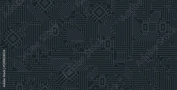 Fototapeta Seamless motherboard circuit on black background.