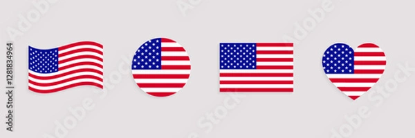 Fototapeta US flag vector set. Geometric shapes. USA official symbols collection. Web, national, travel, patriotic design elements. rectangle, round, love heart and waved flagstaff isolated icons