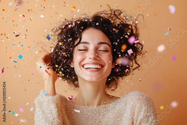 Fototapeta Overjoyed young woman celebrates surrounded by vibrant confetti in a fun and cheerful atmosphere. Generated AI