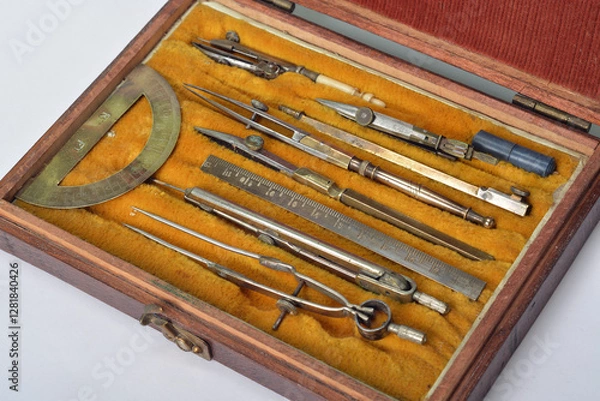 Fototapeta Antique technical drawing set  in steel and brass with compass, nibs and protractor in wooden box