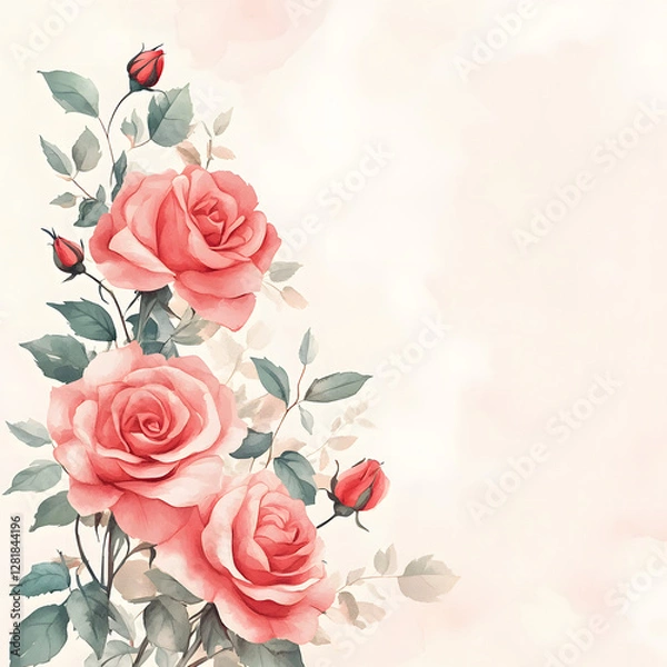 Fototapeta Frame of cute red roses, with minimal details and a simple illustration. Floristic design elements for floristics, Greeting card, Floral print, Plant painted background, Watercolour painting, Template