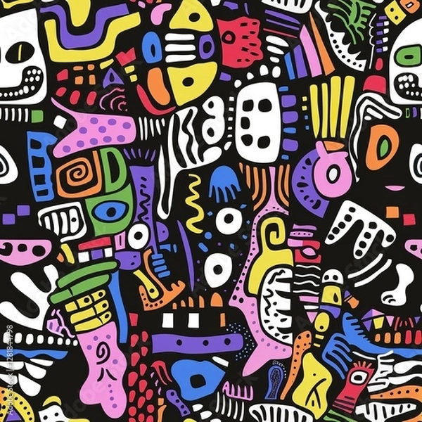 Fototapeta Vibrant Abstract Doodle Pattern Colorful Geometric Shapes Seamless Texture Bold Modern Design Artistic Background Illustration Digital Print Textile Fabric Wallpaper Graphic Design Element  