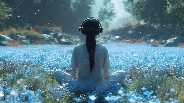 Fototapeta Meditative Escape: Woman in VR Headset Meditating in a Dreamy Meadow Filled with Blue Flowers, Connecting with Nature and Technology