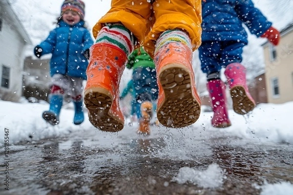 Obraz Children jumping puddle, winter fun