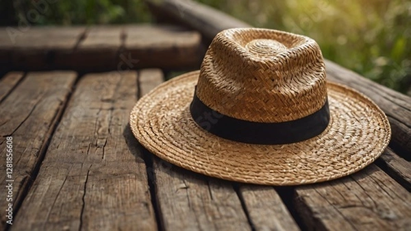 Obraz Staw hat, Vintage straw hat on wooden table, Close-up picture of classisc straw hat isolated on table blurred background