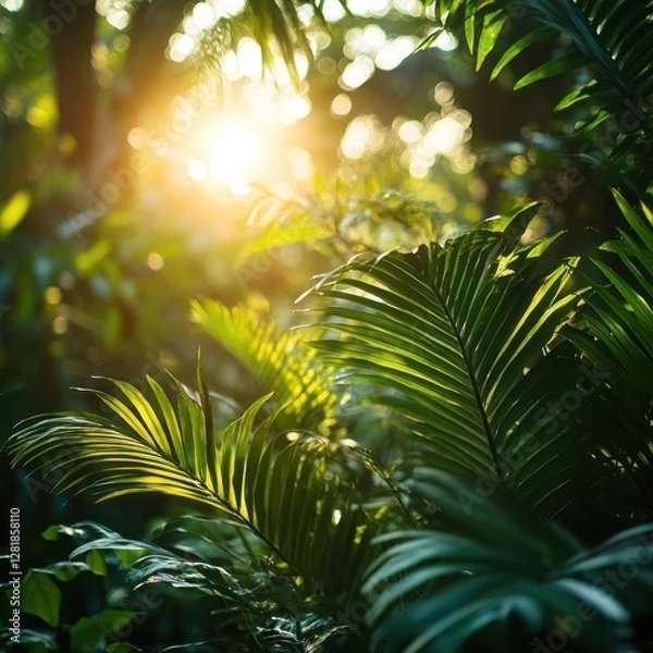 Fototapeta Lush Tropical Foliage Bathed in Golden Sunlight Creating a Serene and Exotic Atmosphere with Greenery and Sun Flare