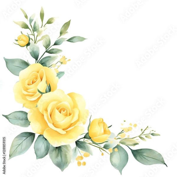Fototapeta yellow roses Corner frame of watercolor, with minimal details and a simple illustration. Floristic design elements for floristics, Greeting card, Floral print, Plant painted background, Watercolour.