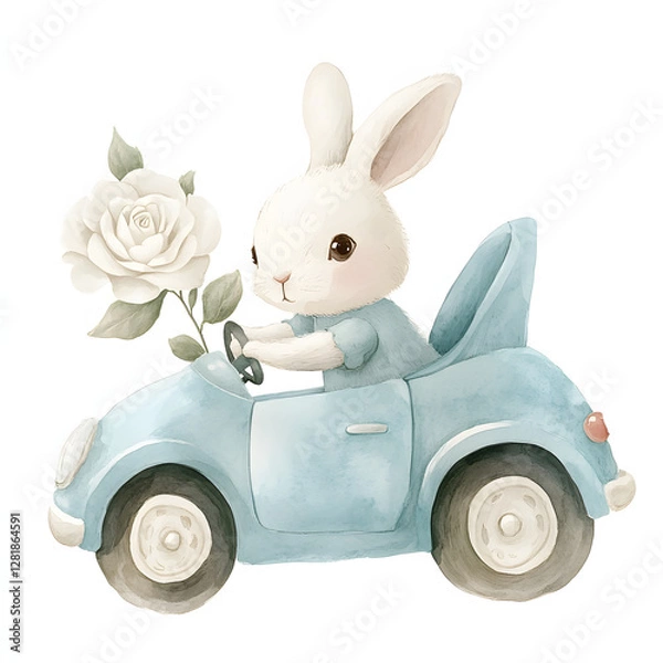 Obraz A cute rabbit driving a light blue real white rose, with minimal details and a simple illustration. The colors have a vintage feel simple watercolor children's illustration, with a muted pastel color