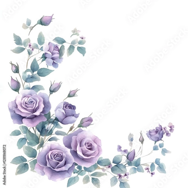 Fototapeta Purple roses Corner frame of watercolor, with minimal details and a simple illustration. Floristic design elements for floristics, Greeting card, Floral print, Plant painted background, Watercolor