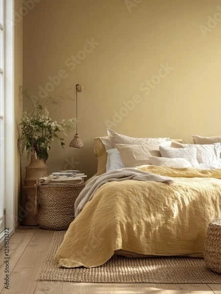 Obraz A golden colored bedroom with various textures and warm lighting