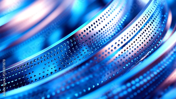 Fototapeta Abstract Design of Intertwined Perforated Metal Ribbons in Vibrant Blue Tones Background, Copy space 