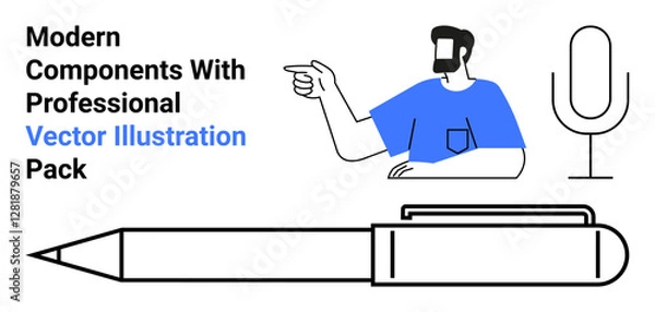 Fototapeta Man pointing to focus idea, oversized pen symbolizes creativity, microphone highlights communication. Ideal for business, teamwork, blogging, podcasts, education, writing flat landing page banner