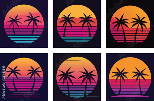 Fototapeta  A neon palm tree with a cyberpunk sunset on a beach.
