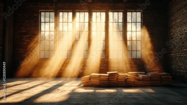 Fototapeta This image captures beams of sunlight filtering through large windows, illuminating a rustic warehouse filled with stacks of wooden planks, creating a warm and serene atmosphere.