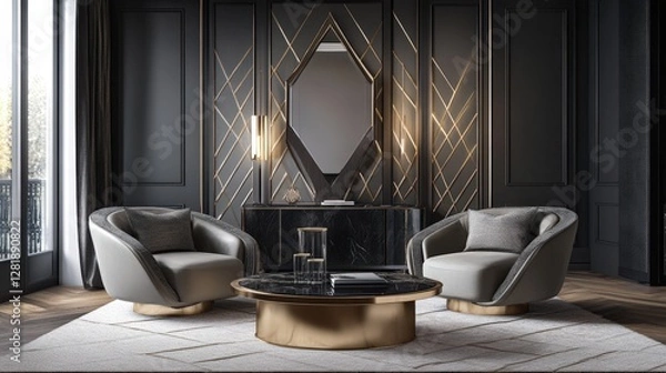 Fototapeta Opulent lounge featuring luxurious armchairs, reflective accents