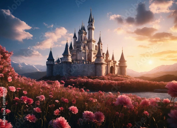 Obraz fairytale castle surrounded by endless fields of flowers