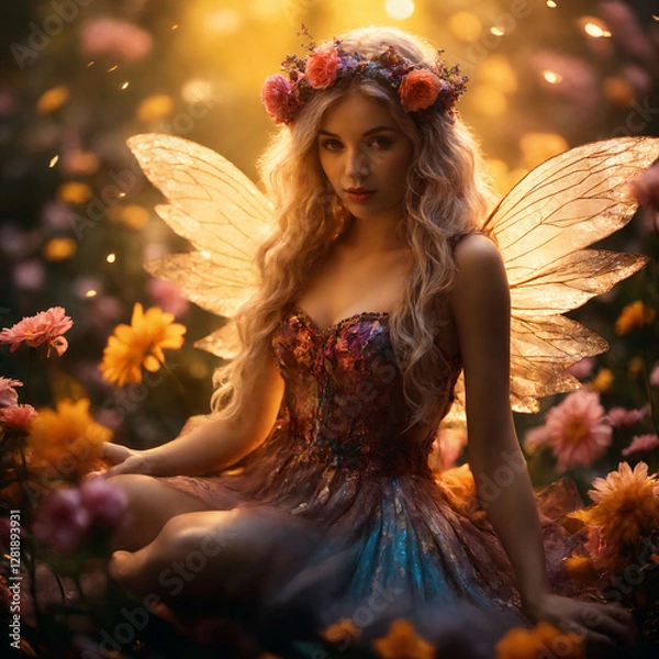 Obraz Fairytale world. A fairy dancing in the rays of moonlight in a flower garden.