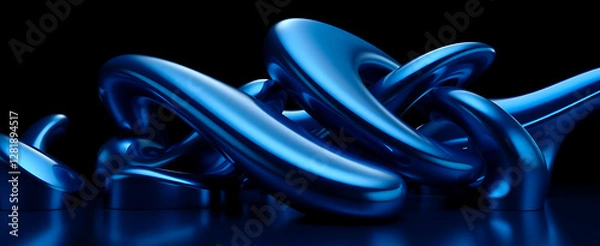 Fototapeta Striking arrangement of interlocking glossy blue metallic rings with reflective surfaces, creating a modern high-tech aesthetic, perfect for futuristic designs.
