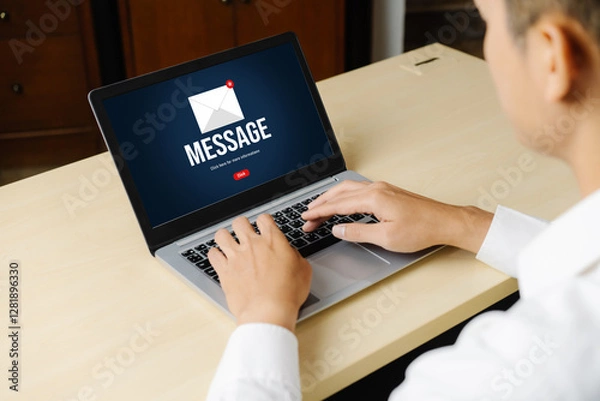 Fototapeta Email notification message showing on computer screen snugly. Digital marketing message information text from business to customer client