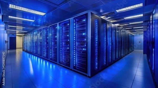 Fototapeta Modern Data Center with Blue Lighting and Rows of Servers