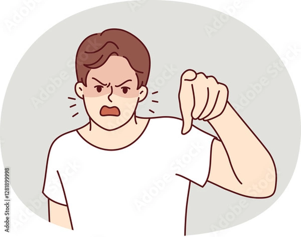 Fototapeta Angry man points finger at screen and screams furiously, blaming you for problems and urging to apologize. Angry guy is having nervous breakdown or trying to find someone to blame for own failures