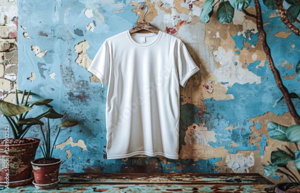 Fototapeta Simple white cotton t-shirt hangs gracefully from wooden hanger, set against rustic and weathered wall, inviting creative designs and artistic expressions. Copy space