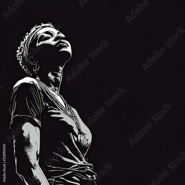 Fototapeta A striking monochromatic illustration of a woman looking upward, showcasing strength and resilience against a dark backdrop.
