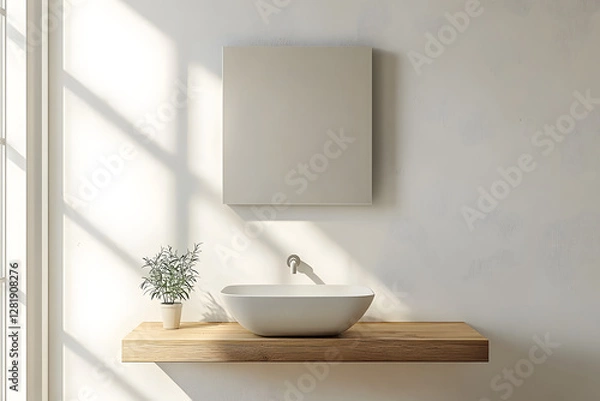 Obraz Minimalistic bathroom interior with sink on wooden shelf and square mirror hanging on a white wall