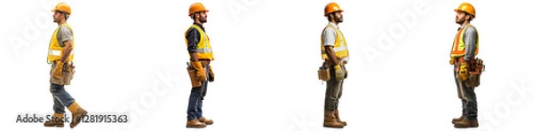 Fototapeta Four Construction Workers in Profile View Wearing Safety Gear and Tool Belts with Transparent Background
