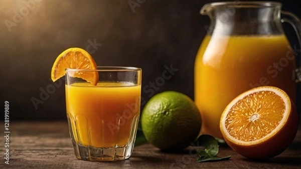 Obraz Glass of Orange Juice, Glass of fresh orange juice with ripe oranges and slices on white background, Close-up picture of orange juice with oranges slices on blurred background