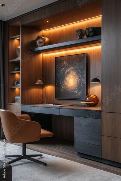 Fototapeta Photographie immobilière d'un bureau moderne avec bureau noir élégant, étagères intégrées et éclairage d’ambiance