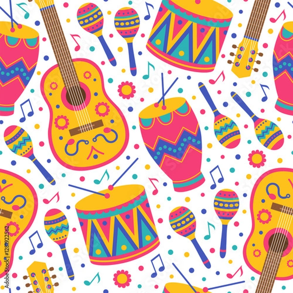 Obraz Colorful seamless pattern with guitars, drums, drumsticks, maracas and notes. Ethnic musical instruments for Brazil carnival, music festival. Vector flat illustration for wallpaper, textile, packaging