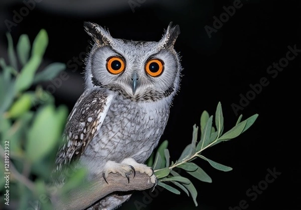 Obraz Night owl perched on branch, dark background, green foliage